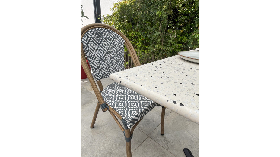 Lot composé d'une table de jardin BISTRO-TB70-TRZ et de 2 fauteuils BISTRO-FT-TEX-BLEU empilables