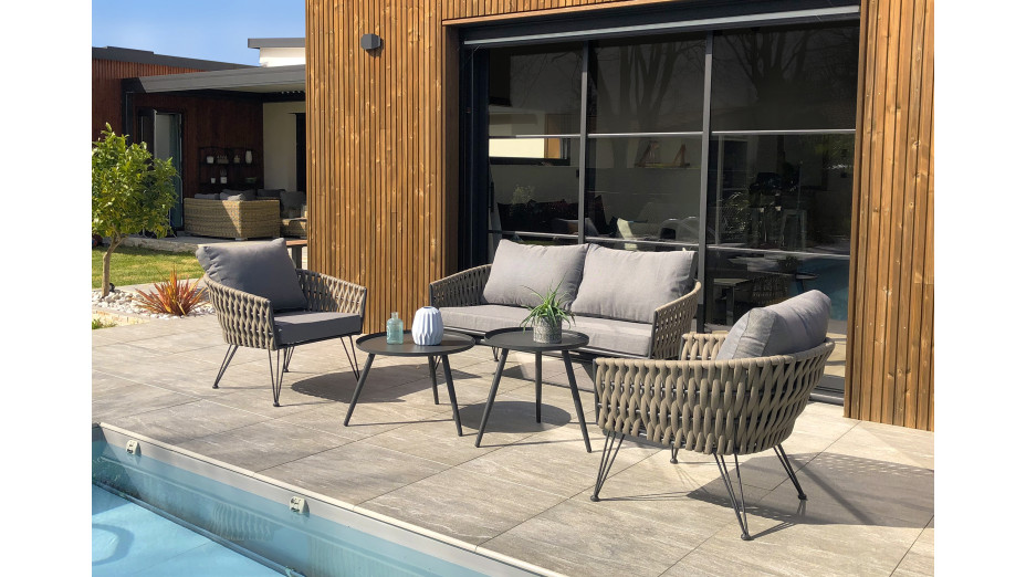 Salon bas de jardin CAPRI 4 places en corde tissée taupe et acier - GRIS ANTHRACITE