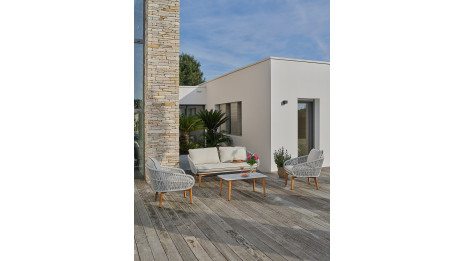 Salon bas de jardin CUZCO 5 places en aluminium imitation bois et corde tissée - BLANC
