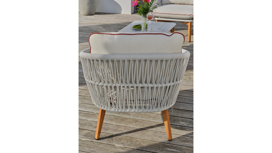 Salon bas de jardin CUZCO 5 places en aluminium imitation bois et corde tissée - BLANC