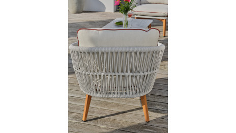 Salon bas de jardin CUZCO 5 places en aluminium imitation bois et corde tissée - BLANC