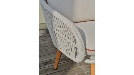 Salon bas de jardin CUZCO 5 places en aluminium imitation bois et corde tissée - BLANC