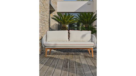 Salon bas de jardin CUZCO 5 places en aluminium imitation bois et corde tissée - BLANC