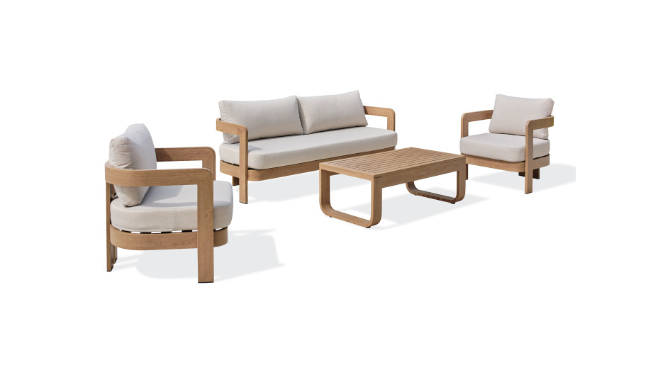 Salon bas de jardin DAVAO 5 places en aluminium imitation bois - ECRU