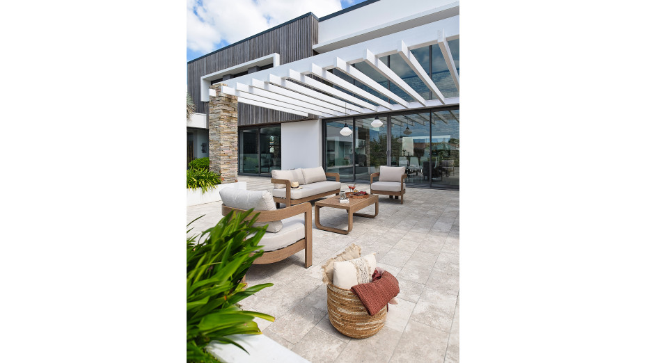 Salon bas de jardin DAVAO 5 places en aluminium imitation bois - ECRU