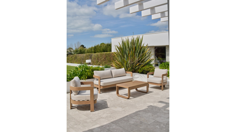 Salon bas de jardin DAVAO 5 places en aluminium imitation bois - ECRU