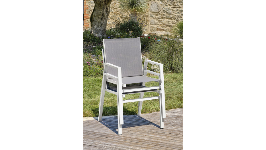 Fauteuil de jardin empilable FLORIDE en textilène taupe et aluminium - BLANC