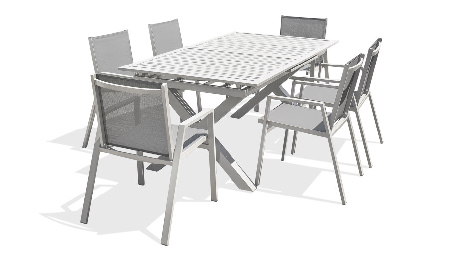 Lot composé d'une table de jardin FLORIDE-TB240-ALU-B avec rallonge et de 6 fauteuils FLORIDE-FT-BLANC empilables