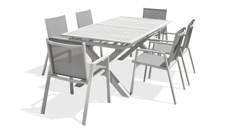 Lot composé d'une table de jardin FLORIDE-TB240-ALU-B avec rallonge et de 6 fauteuils FLORIDE-FT-BLANC empilables