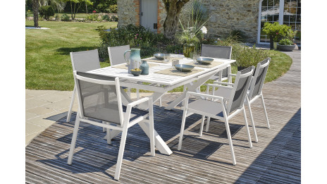 Lot composé d'une table de jardin FLORIDE-TB240-ALU-B avec rallonge et de 6 fauteuils FLORIDE-FT-BLANC empilables
