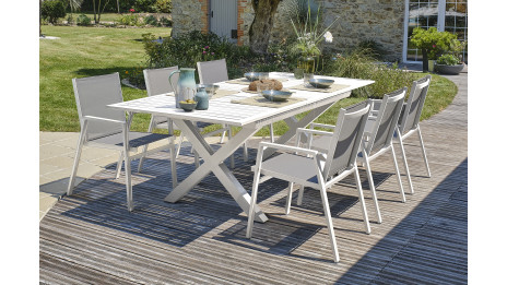 Lot composé d'une table de jardin FLORIDE-TB240-ALU-B avec rallonge et de 6 fauteuils FLORIDE-FT-BLANC empilables