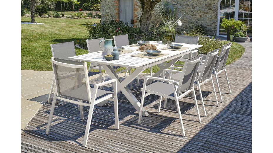 Lot composé d'une table de jardin FLORIDE-TB240-ALU-B avec rallonge et de 8 fauteuils FLORIDE-FT-BLANC empilables