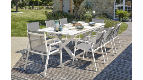 Lot composé d'une table de jardin FLORIDE-TB240-ALU-B avec rallonge et de 8 fauteuils FLORIDE-FT-BLANC empilables