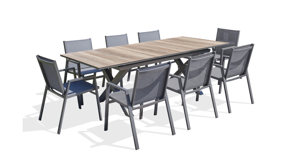 Lot composé d'une table de jardin FLORIDE-TB240-HPL-AW avec rallonge et de 8 fauteuils FLORIDE-FT-GRISANTH empilables