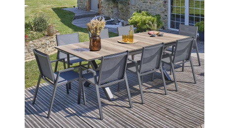 Lot composé d'une table de jardin FLORIDE-TB240-HPL-AW avec rallonge et de 8 fauteuils FLORIDE-FT-GRISANTH empilables