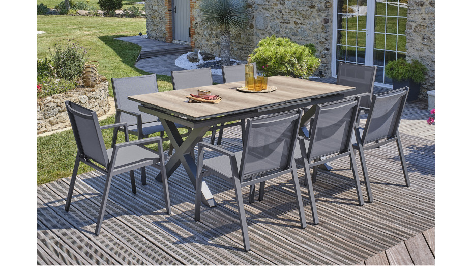 Lot composé d'une table de jardin FLORIDE-TB240-HPL-AW avec rallonge et de 8 fauteuils FLORIDE-FT-GRISANTH empilables