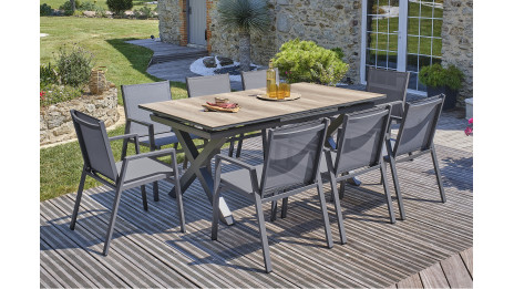 Lot composé d'une table de jardin FLORIDE-TB240-HPL-AW avec rallonge et de 8 fauteuils FLORIDE-FT-GRISANTH empilables