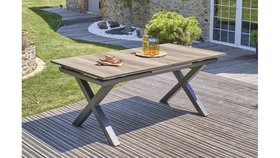 Lot composé d'une table de jardin FLORIDE-TB240-HPL-AW avec rallonge et de 8 fauteuils FLORIDE-FT-GRISANTH empilables