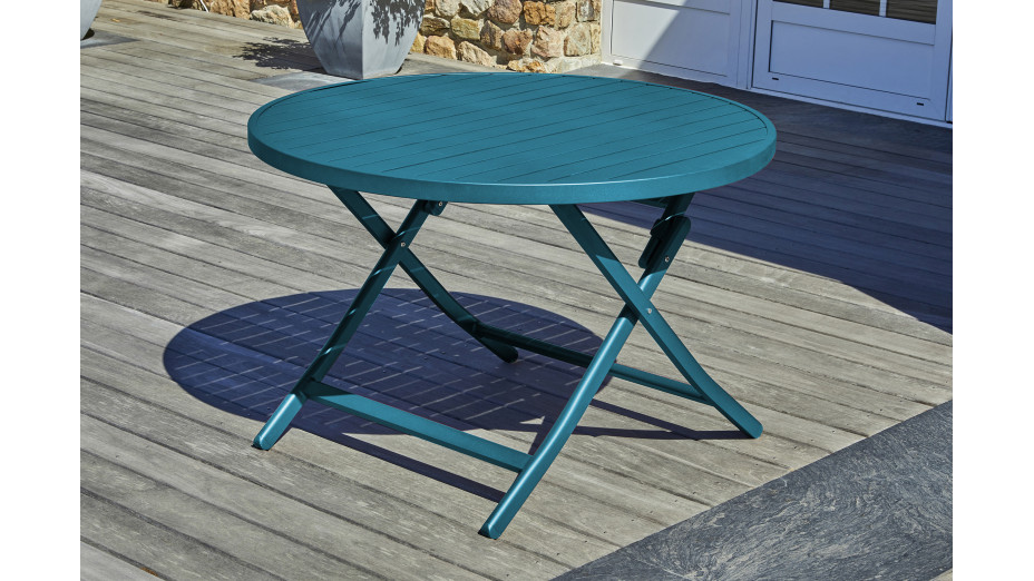 Table de jardin pliante MARIUS (diam. 110 cm) en aluminium - BLEU CANARD
