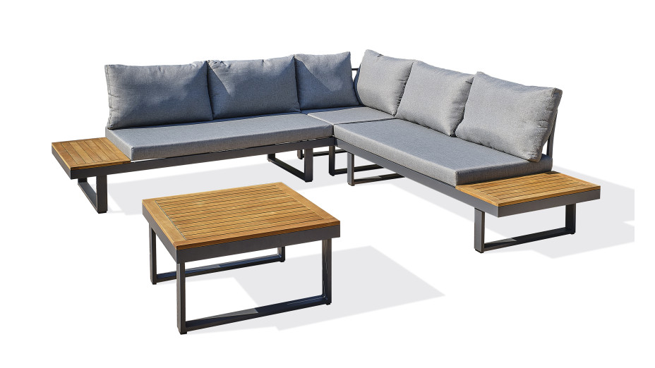 Salon de jardin MIYAKO 5 places en aluminium et acacia - GRIS ANTHRACITE