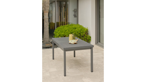 Table de jardin DANIA (160/210x90 cm) en aluminium et spraystone avec rallonge automatique - GRIS ANTHRACITE