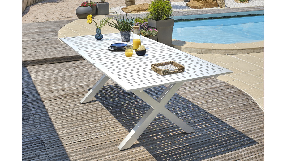 Table de jardin FLORIDE (180/240x100 cm) en aluminium avec rallonge automatique - BLANC