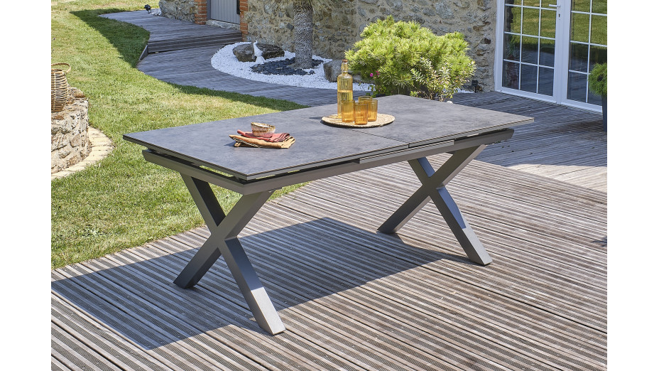 Table de jardin FLORIDE (180/240x100 cm) en aluminium et plateau en céramique avec rallonge automatique - GRIS ANTHRACITE
