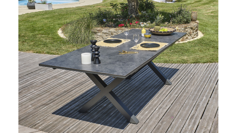 Table de jardin FLORIDE (180/240x100 cm) en aluminium et plateau en céramique avec rallonge automatique - GRIS ANTHRACITE
