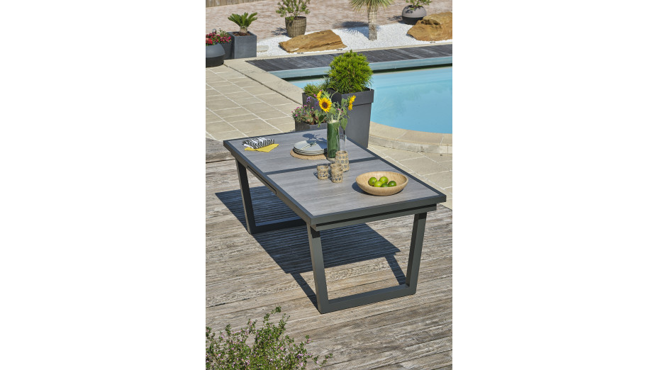 Table de jardin OLHOS (191/251x95 cm) avec rallonge automatique en aluminium et céramique - GRIS ANTHRACITE