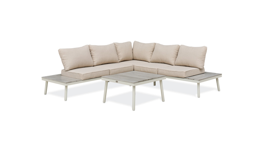 Salon de jardin d'angle OSAKA 5 places aluminium imitation bois gris et aluminium - BLANC
