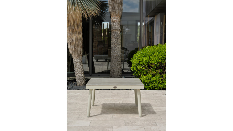 Salon de jardin d'angle OSAKA 5 places aluminium imitation bois gris et aluminium - BLANC