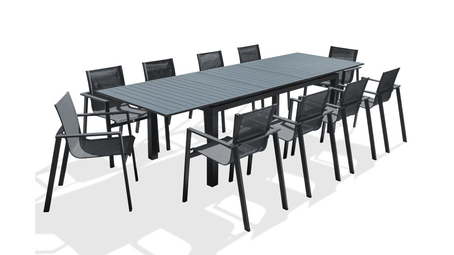 Lot composé d'une table de jardin MIAMI-TB300 avec rallonge et de 10 fauteuils ALU-MIAMI-FT empilables