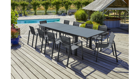 Lot composé d'une table de jardin MIAMI-TB300 avec rallonge et de 10 fauteuils ALU-MIAMI-FT empilables