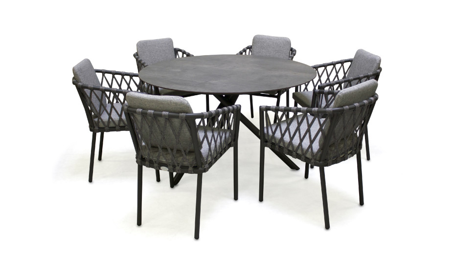 Lot composé d'une table de jardin ronde PILAT-TB129 et de 6 fauteuils PILAT-FT empilables