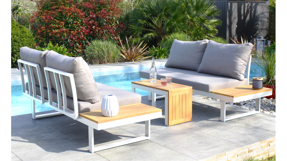 Salon de jardin modulable TOKYO 4 places en bois d'acacia et aluminium - BLANC