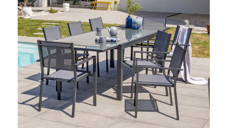 Lot composé d'un table de jardin TOLEDE-TB300-NOIR avec rallonge et de 8 fauteuils TOLEDE-FT empilables