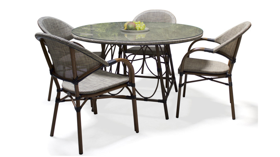 Lot composé d'une table de jardin ronde USHUAIA-TB125 et de 4 fauteuils USHUAIA-FT empilables