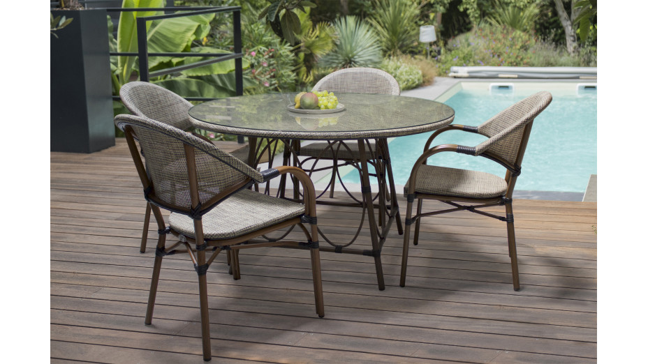 Lot composé d'une table de jardin ronde USHUAIA-TB125 et de 4 fauteuils USHUAIA-FT empilables