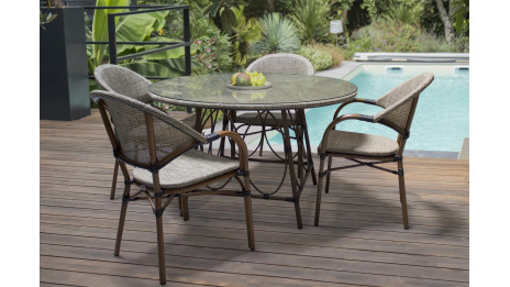 Lot composé d'une table de jardin ronde USHUAIA-TB125 et de 4 fauteuils USHUAIA-FT empilables