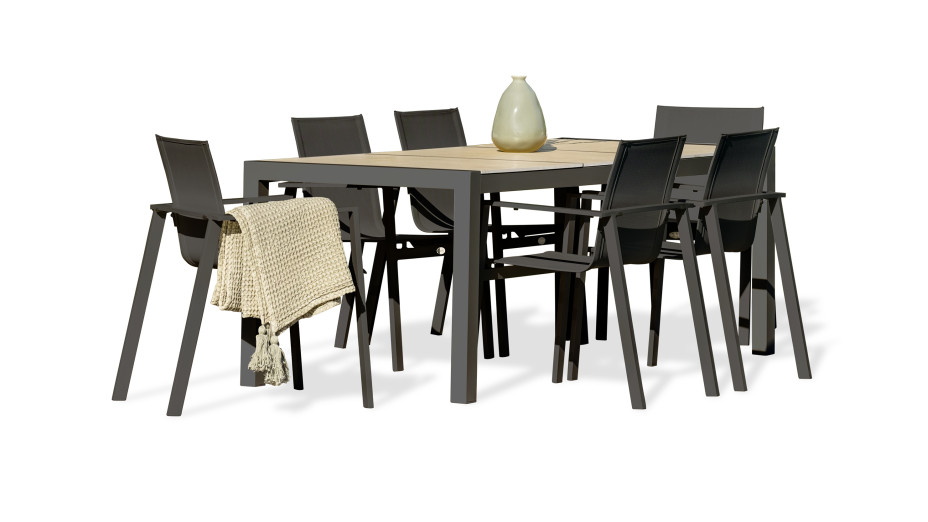 Lot composé d'une table de jardin VENISE-TB200 et de 6 fauteuils ALU-MIAMI-FT empilables