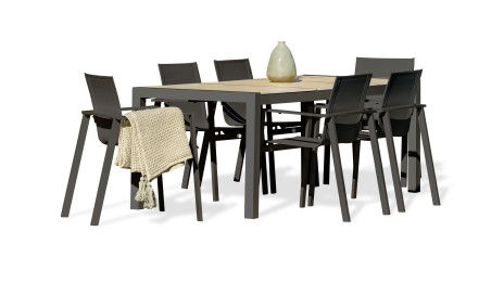 Lot composé d'une table de jardin VENISE-TB200 et de 6 fauteuils ALU-MIAMI-FT empilables