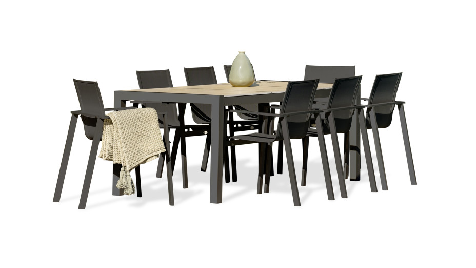 Lot composé d'une table de jardin VENISE-TB200 et de 8 fauteuils ALU-MIAMI-FT empilables