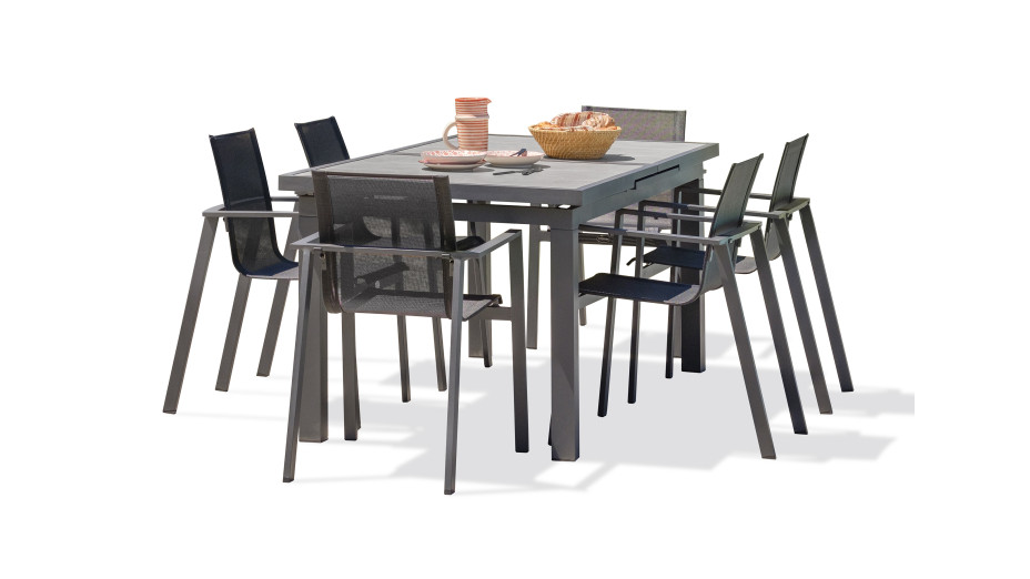 Lot composé d'une table de jardin VENISE-TB250 avec rallonge et de 6 fauteuils ALU-MIAMI-FT empilables