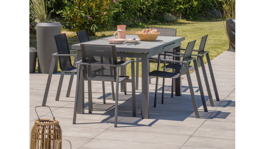 Lot composé d'une table de jardin VENISE-TB250 avec rallonge et de 6 fauteuils ALU-MIAMI-FT empilables