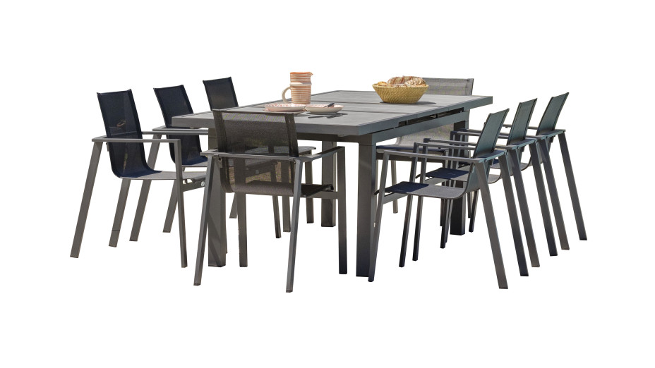 Lot composé d'une table de jardin VENISE-TB250 avec rallonge et de 8 fauteuils ALU-MIAMI-FT empilables
