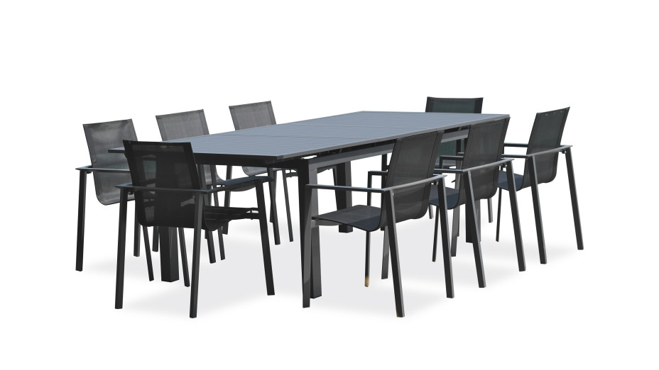 Lot composé d'une table de jardin ALU-MIAMI-TBALU avec rallonge et de 8 fauteuils ALU-MIAMI-FT empilables