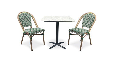 Lot composé d'une table de jardin BISTRO-TB70-TRZ et de 2 fauteuils BISTRO-FT-TEX-VERT empilables