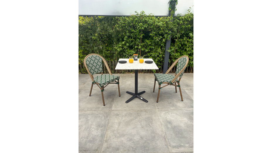 Lot composé d'une table de jardin BISTRO-TB70-TRZ et de 2 fauteuils BISTRO-FT-TEX-VERT empilables