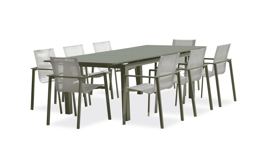 Lot composé d'une table de jardin MIAMI-TB240-KAKI avec rallonge et de 8 fauteuils MIAMI-FT-KAKI empilables