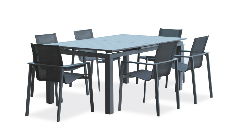 Lot composé d'une table de jardin ALU-MIAMI-TBALU avec rallonge et de 6 fauteuils ALU-MIAMI-FT empilables